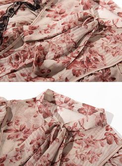 Lace Splicing Floral Tie-collar Slim Skater Dress
