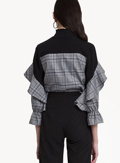 Plaid Splicing Stand Collar Pullover Blouse