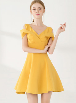 Solid Color V-neck High Waist Slim A Line Dress