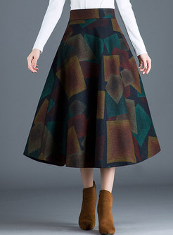 Vintage Color-blocked High Waist A Line Skirt