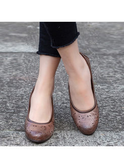 Hollow Out Square Heel Leather Shoes