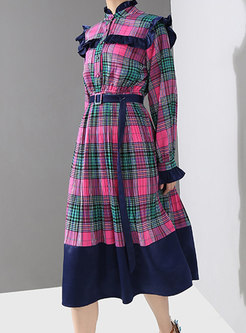 Chic Plaid Stand Collar Belted A Line Dress