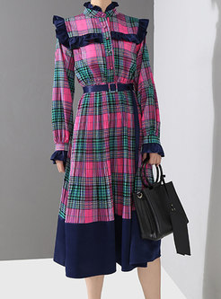 Chic Plaid Stand Collar Belted A Line Dress