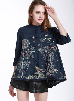 Standing Collar Single-breasted Cotton Blouse