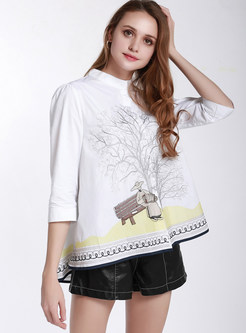 Standing Collar Loose Embroidered Blouse