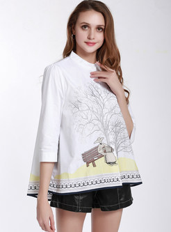 Standing Collar Loose Embroidered Blouse