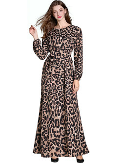 Elegant Leopard Gathered Waist Hem Maxi Dress