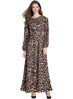 Elegant Leopard Gathered Waist Hem Maxi Dress