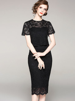 Lace Hollow Out Top & High Waist Bodycon Skirt