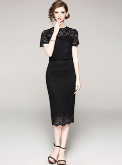 Lace Hollow Out Top & High Waist Bodycon Skirt