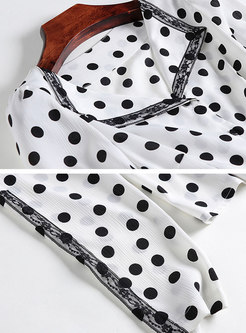 Polka Dot Turn Down Collar Blouse & High Waist Asymmetric Skirt