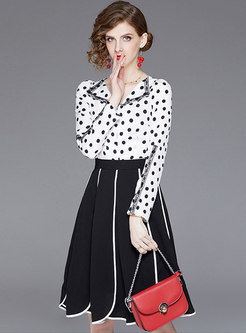 Polka Dot Turn Down Collar Blouse & High Waist Asymmetric Skirt