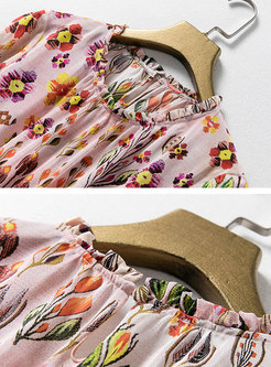 Floral Print Gathered Waist Slim Skater Dress