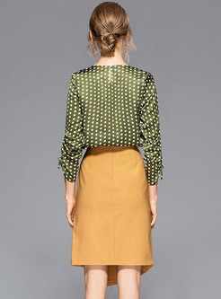 Polka Dot V-neck Blouse & High Waist Asymmetric Skirt