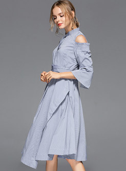 Striped Off Shoulder Gathered Waist Asymmetric Dress
