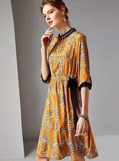 Elegant Print Stand Collar Drilling Tie-waist Slim Dress