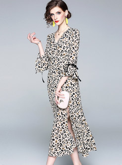 Sexy Leopard V-neck Slit Slim Mermaid Dress