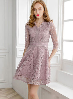 Elegant V-neck Half Sleeve Lace High Waist Dress