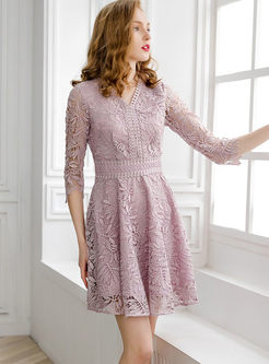 Elegant V-neck Half Sleeve Lace High Waist Dress