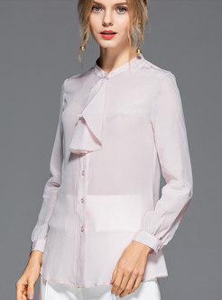 Solid Color Stand Collar Tie Blouse