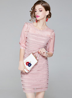 Pink O-neck Half Sleeve Sheath Cake Dress