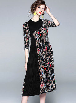 Chic Print Splicing Pleated A Line Dress