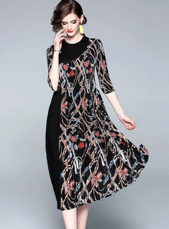 Chic Print Splicing Pleated A Line Dress