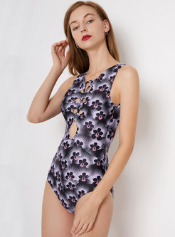 Floral Hollow Out Backless One Piece Swimwear