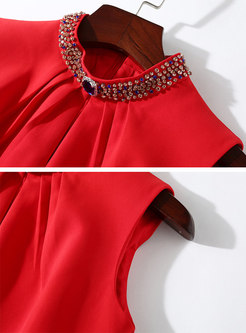 Stand Collar Drilling Sleeveless Asymmetric Sheath Dress