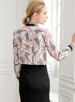 Standing Collar Long Sleeve Print Silk Blouse