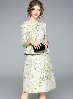 Elegant Jacquard O-neck Zipper Coat & A Line Skirt