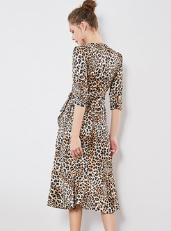 Leopard V-neck Belted Asymmetric Skater Dress