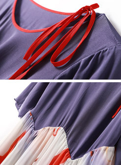 Print Splicing O-neck Waist Asymmetric Dress