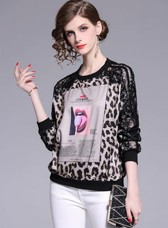 Long Sleeve Leopard Pattern Sweatshirt