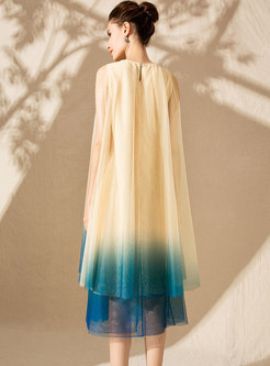 Color-blocked O-neck Embroidered Voile Loose Dress