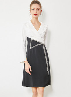 Elegant Color-blocked V-neck Slit A Line Dress