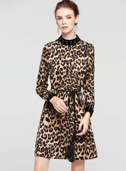 Stylish Leopard Stand Collar Tie-waist Skater Dress