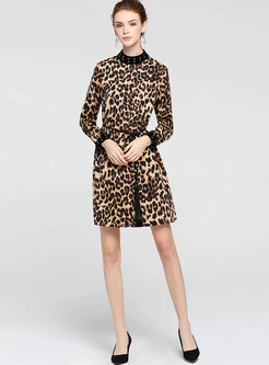 Stylish Leopard Stand Collar Tie-waist Skater Dress