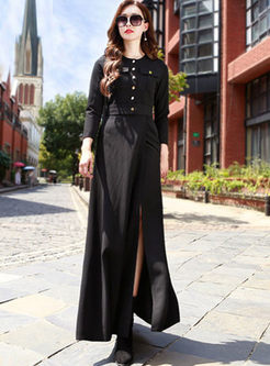 Black O-neck Long Sleeve Slit Maxi Dress