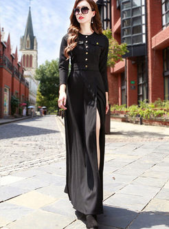 Black O-neck Long Sleeve Slit Maxi Dress
