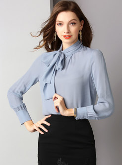 Elegant Stand Collar Bowknot Pullover Blouse