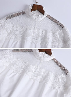 Lace Splicing Stand Collar See-through Blouse