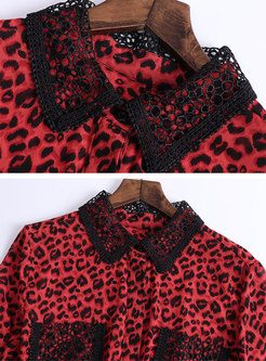 Leopard Lace Lapel Tie-waist Pleated Dress