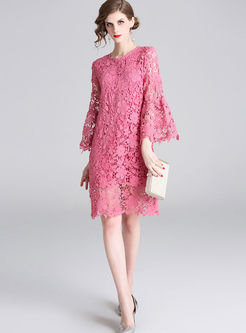 Sweet Solid Color Loose Lace Shift Dress