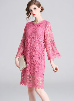 Sweet Solid Color Loose Lace Shift Dress