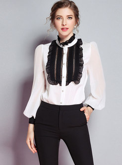 Chic Color-blocked Ruffled Collar Single-breasted Blouse