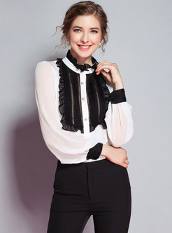 Chic Color-blocked Ruffled Collar Single-breasted Blouse
