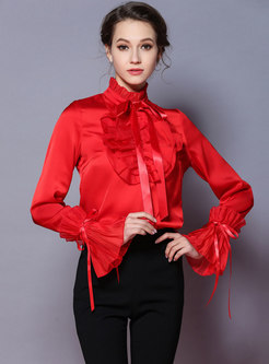 Ruffled Color Flare Sleeve Bowknot Blouse