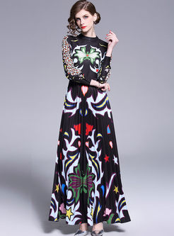 Court Mock Neck Printed Long Party Dress