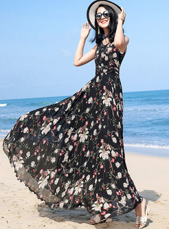 Bohemia Floral V-neck Sleeveless Hem Maxi Dress